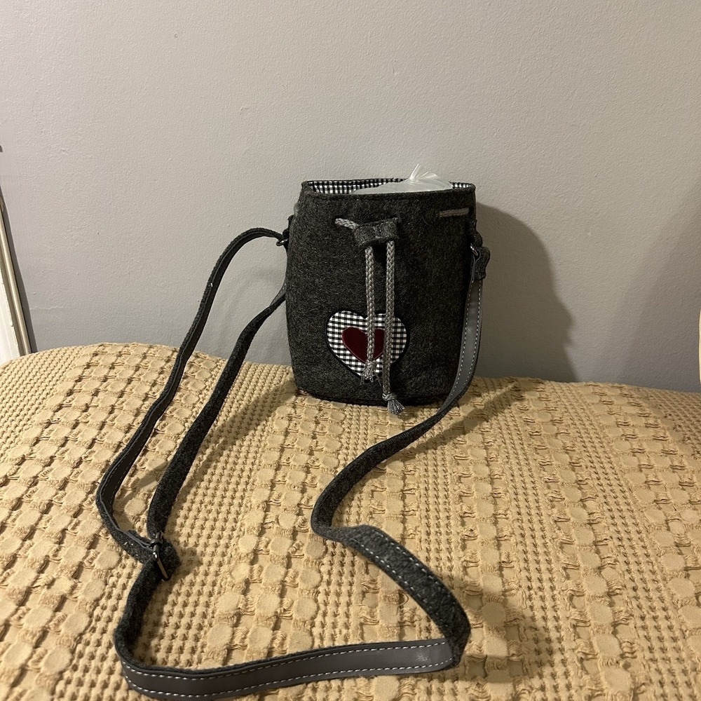 Waldschütz Bavarian Felt Drawstring Mini Crossbody Purse Gingham Lining Heart
